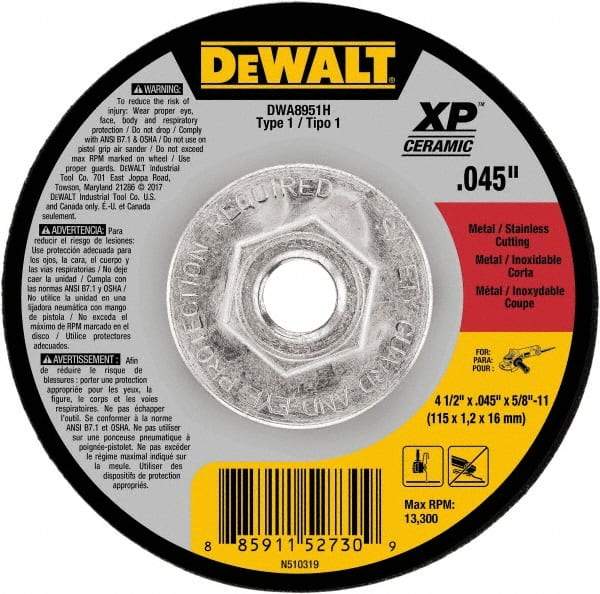 DeWALT - 4-1/2" Ceramic Cutoff Wheel - 0.045" Thick, 5/8-11 Arbor, 13,300 Max RPM, Use with Angle Grinders - Exact Industrial Supply