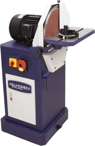 Palmgren - 16" Diam, 1,750 RPM, Single Phase Disc Sanding Machines - 18-9/16" Long Table x 8-1/2" Table Width, 27-27/32" Overall Length x 44-7/16" Overall Height - Exact Industrial Supply