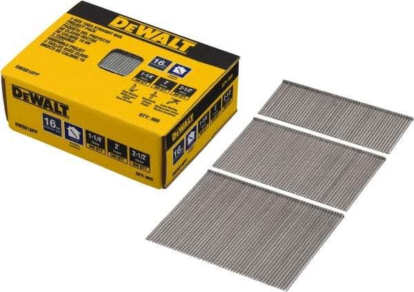 DeWALT - 16 Gauge 2-1/2" Long Finishing Nails for Power Nailers - Steel, Bright Finish, Smooth Shank, Angled Stick Collation, Round Head, Chisel Point - Exact Industrial Supply