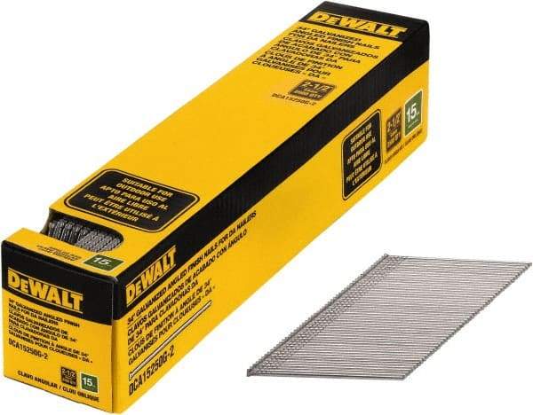 DeWALT - 15 Gauge 2-1/2" Long Finishing Nails for Power Nailers - Steel, Galvanized Finish, Smooth Shank, Angled Stick Collation, Round Head, Chisel Point - Exact Industrial Supply