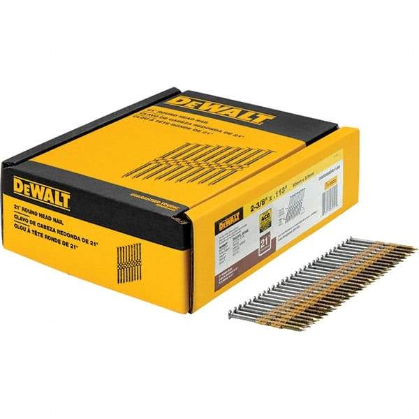 DeWALT - 12 Gauge 2.38" Long Framing Nails for Power Nailers - Steel, Galvanized Finish, Ring Shank, Angled Stick Collation, Round Head - Exact Industrial Supply