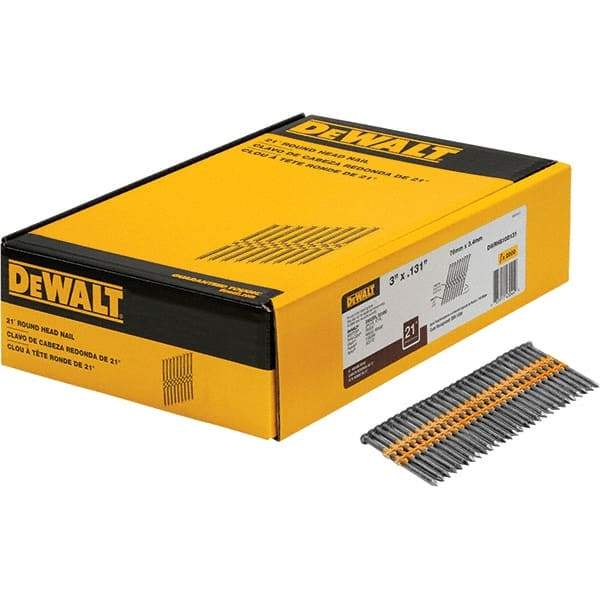 DeWALT - 9 Gauge 3" Long Framing Nails for Power Nailers - Steel, Bright Finish, Smooth Shank, Angled Stick Collation, Round Head - Exact Industrial Supply