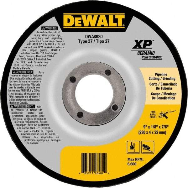 DeWALT - 24 Grit, 9" Wheel Diam, 7/8" Arbor Hole, Type 27 Depressed Center Wheel - Coarse/Medium Grade, Ceramic, N Hardness, 6,600 Max RPM - Exact Industrial Supply
