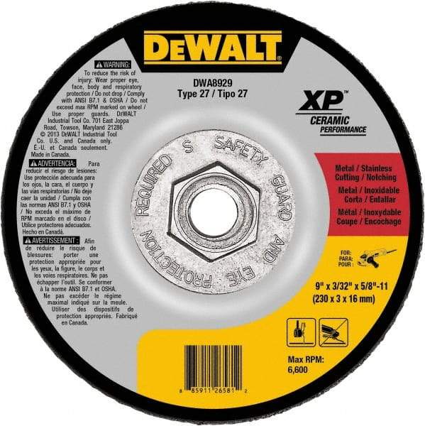 DeWALT - 24 Grit, 9" Wheel Diam, Type 27 Depressed Center Wheel - Coarse/Medium Grade, Ceramic, N Hardness, 6,600 Max RPM - Exact Industrial Supply