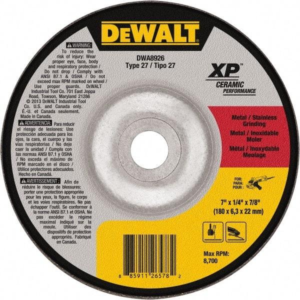 DeWALT - 24 Grit, 7" Wheel Diam, 7/8" Arbor Hole, Type 27 Depressed Center Wheel - Coarse/Medium Grade, Ceramic, N Hardness, 8,700 Max RPM - Exact Industrial Supply