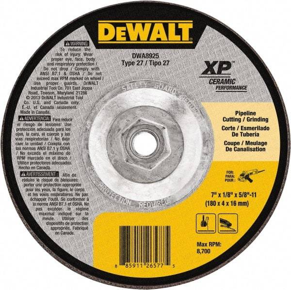 DeWALT - 24 Grit, 7" Wheel Diam, Type 27 Depressed Center Wheel - Coarse/Medium Grade, Ceramic, N Hardness, 8,700 Max RPM - Exact Industrial Supply