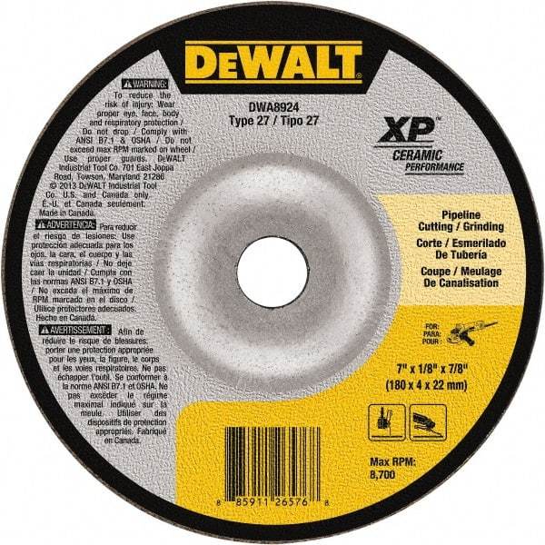 DeWALT - 24 Grit, 7" Wheel Diam, 7/8" Arbor Hole, Type 27 Depressed Center Wheel - Coarse/Medium Grade, Ceramic, N Hardness, 8,700 Max RPM - Exact Industrial Supply