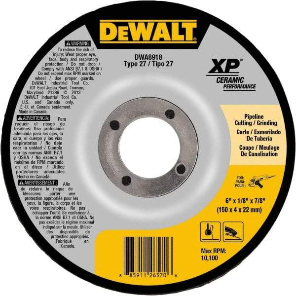 DeWALT - 24 Grit, 6" Wheel Diam, 7/8" Arbor Hole, Type 27 Depressed Center Wheel - Coarse/Medium Grade, Ceramic, N Hardness, 10,100 Max RPM - Exact Industrial Supply