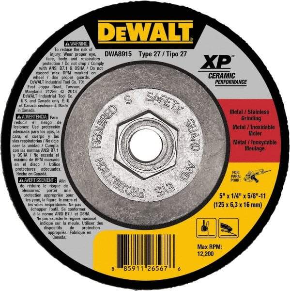 DeWALT - 24 Grit, 5" Wheel Diam, Type 27 Depressed Center Wheel - Coarse/Medium Grade, Ceramic, N Hardness, 12,200 Max RPM - Exact Industrial Supply