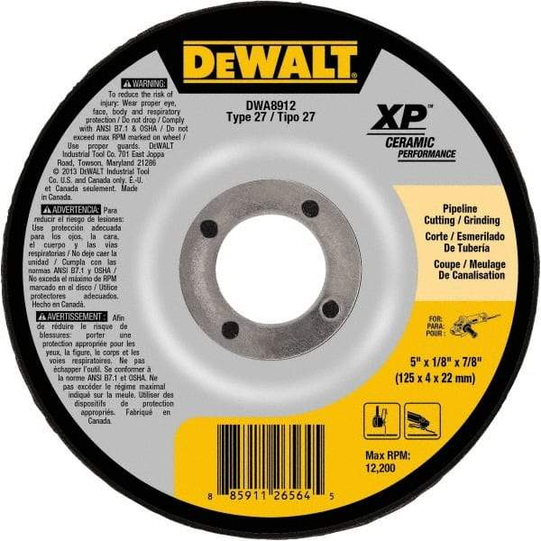 DeWALT - 24 Grit, 5" Wheel Diam, 7/8" Arbor Hole, Type 27 Depressed Center Wheel - Coarse/Medium Grade, Ceramic, N Hardness, 12,200 Max RPM - Exact Industrial Supply