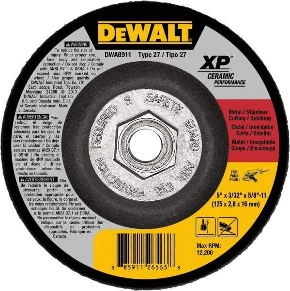 DeWALT - 24 Grit, 5" Wheel Diam, Type 27 Depressed Center Wheel - Coarse/Medium Grade, Ceramic, N Hardness, 12,200 Max RPM - Exact Industrial Supply