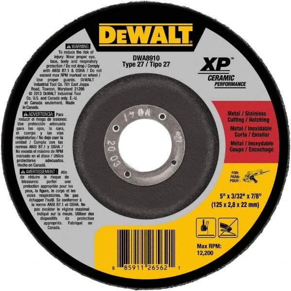 DeWALT - 24 Grit, 5" Wheel Diam, 7/8" Arbor Hole, Type 27 Depressed Center Wheel - Coarse/Medium Grade, Ceramic, N Hardness, 12,200 Max RPM - Exact Industrial Supply