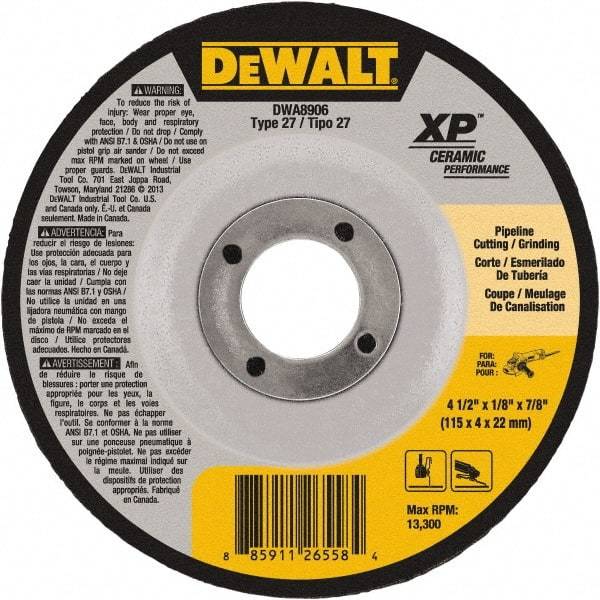 DeWALT - 24 Grit, 4-1/2" Wheel Diam, 7/8" Arbor Hole, Type 27 Depressed Center Wheel - Coarse/Medium Grade, Ceramic, N Hardness, 13,300 Max RPM - Exact Industrial Supply