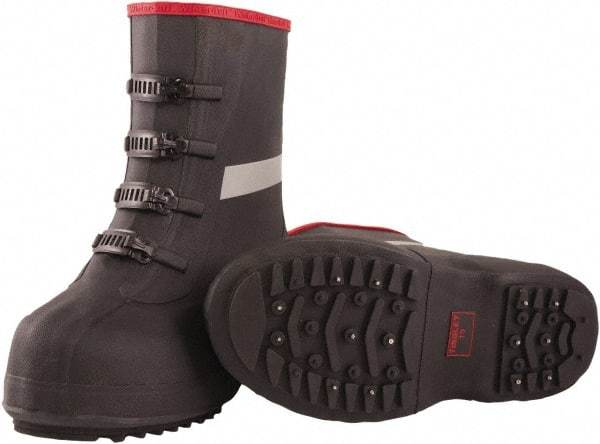 Tingley - Men's 10 (Women's 12) Traction Overboots - 12" High, Plain Toe, Cleated & Studded Sole, Rubber Upper, Black, 100% Liquid Proof, 4 Buckle - Exact Industrial Supply