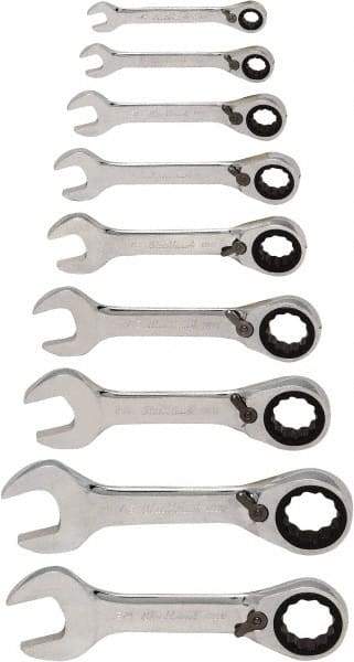 Blackhawk by Proto - 9 Piece, 1/4" to 3/4", Stubby Ratcheting Reversible Combination Wrench Set - Inch Measurement Standard, Chrome Finish, Comes in Case - Exact Industrial Supply