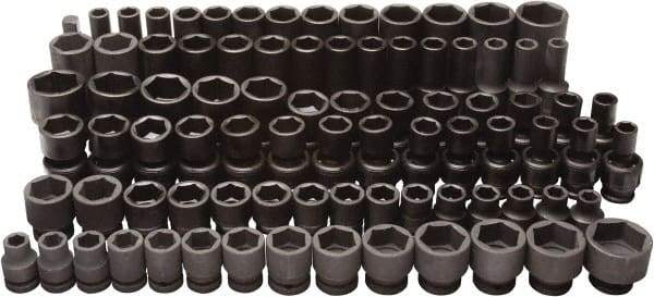 Blackhawk by Proto - 86 Piece 3/8" & 1/2" Drive Deep Well Impact Socket Set - 6 Points, 5/16" to 1" (7mm to 22mm) Range, Inch/Metric Measurement Standard - Exact Industrial Supply
