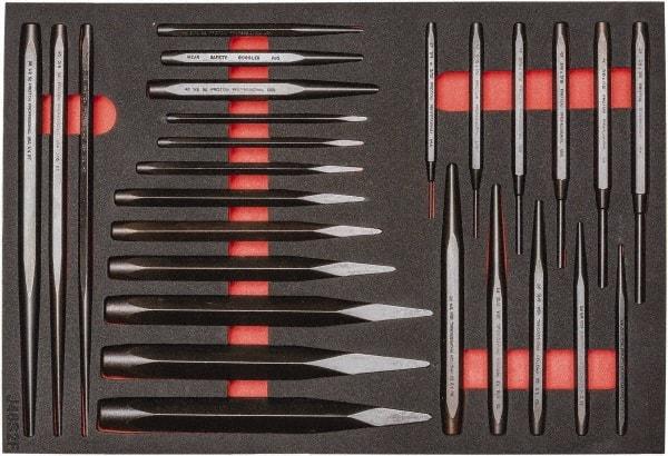 Proto - 26 Piece Diamont Point Chisel, Cold Chisel, Solid, Pin & Center Punch Set - 1/4 to 1-3/16" Chisel, 1/16 to 3/8" Punch - Exact Industrial Supply