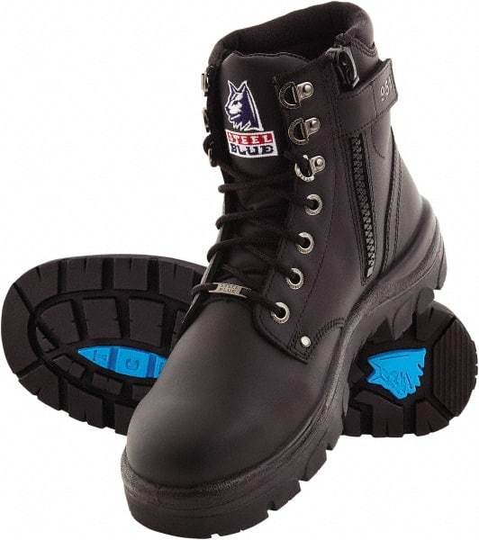 Steel Blue - Men's Size 11 Medium Width Steel Work Boot - Black, Leather Upper, TPU Outsole, 6" High, Lace-Up, Side Zip - Exact Industrial Supply