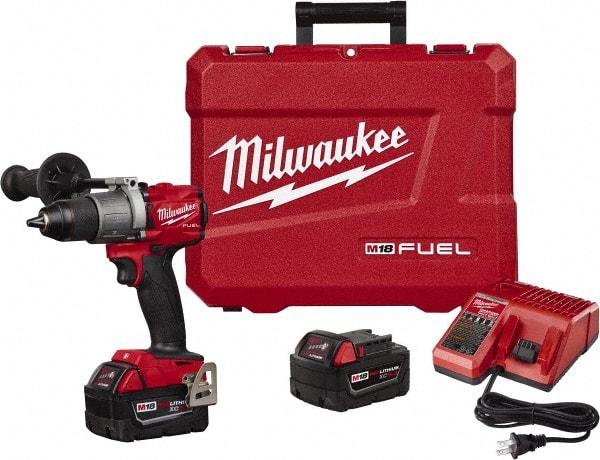 Milwaukee Tool - 18 Volt 1/2" Chuck Pistol Grip Handle Cordless Drill - 0-550 & 0-2000 RPM, Single-Sleeve Ratcheting Chuck, Reversible, 2 Lithium-Ion Batteries Included - Exact Industrial Supply