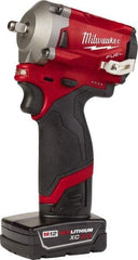 Milwaukee Tool - 3/8" Drive 12 Volt Pistol Grip Cordless Impact Wrench & Ratchet - 2,700 RPM, 0 to 3,200 BPM, 250 Ft/Lb Torque, 2 Lithium-Ion Batteries Included - Exact Industrial Supply