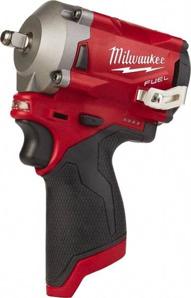 Milwaukee Tool - 1/4" Drive 12 Volt Pistol Grip Cordless Impact Wrench & Ratchet - 3,200 RPM, 0 to 3,200 BPM, 100 Ft/Lb Torque, 2 Lithium-Ion Batteries Included - Exact Industrial Supply