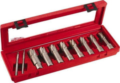 Milwaukee Tool - 8 Piece, 9/16 to 1-1/16" Cutter Diam, 2" Cutting Depth, Carbide-Tipped Annular Cutter Set - 9/16, 5/8, 11/16, 3/4, 13/16, 7/8, 15/16, 1-1/16" Cutter Diam - Exact Industrial Supply