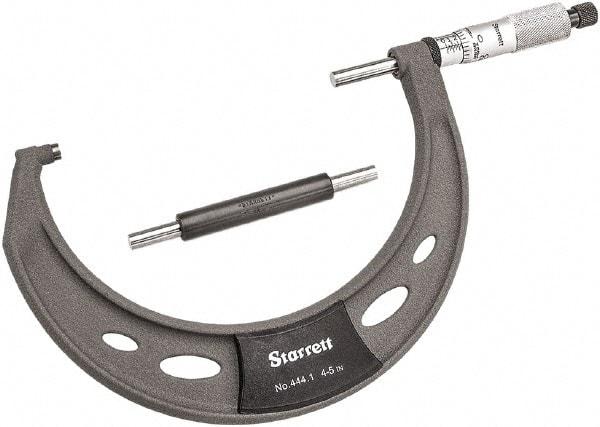 Starrett - 4 to 5" Range, 0.0001" Graduation, Mechanical Outside Micrometer - Ratchet Thimble, 2-3/4" Throat Depth, Accurate to 0.0001" - Exact Industrial Supply