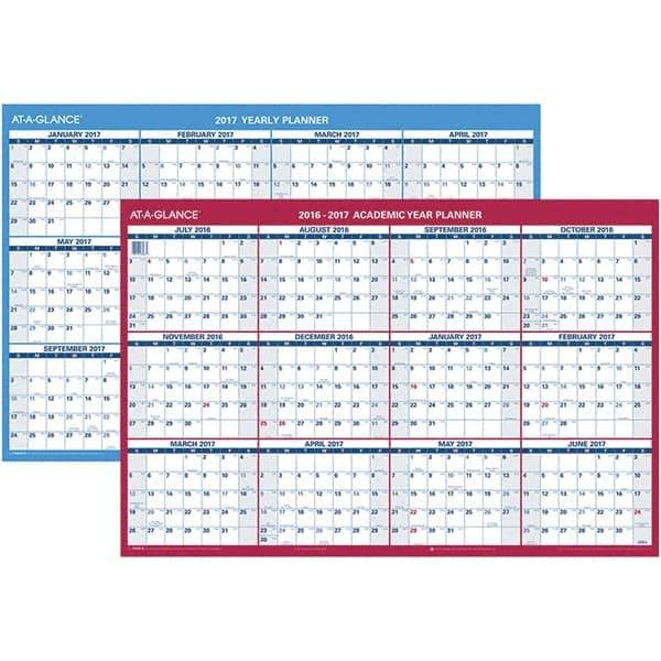 AT-A-GLANCE - 1 Sheet, 36 x 24", Erasable Wall Calendar - Blue, White & Red - Exact Industrial Supply