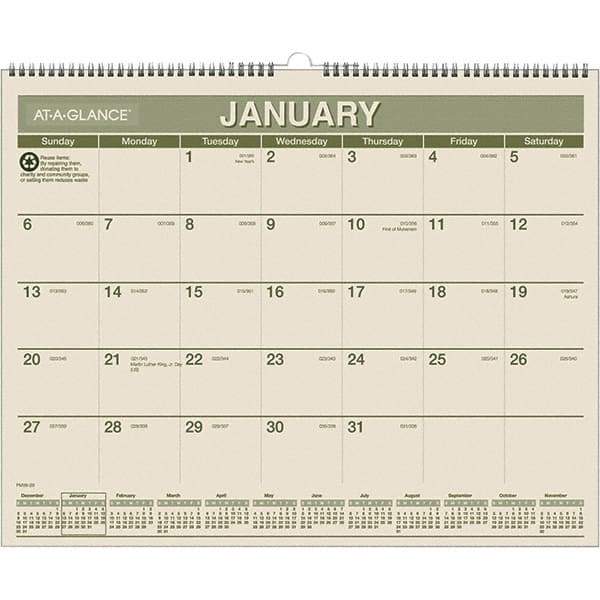 AT-A-GLANCE - 12 Sheet, 15 x 12", Wall Calendar - Green & White - Exact Industrial Supply