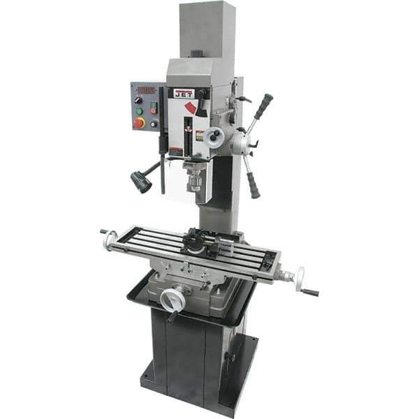 Jet - 3 Phase, 19-11/16" Swing, Geared Head Mill Drill Combination - 32-1/4" Table Length x 9-1/2" Table Width, 20-1/2" Longitudinal Travel, 8-1/4" Cross Travel, Variable Spindle Speeds, 1.5 hp, 230 Volts - Exact Industrial Supply