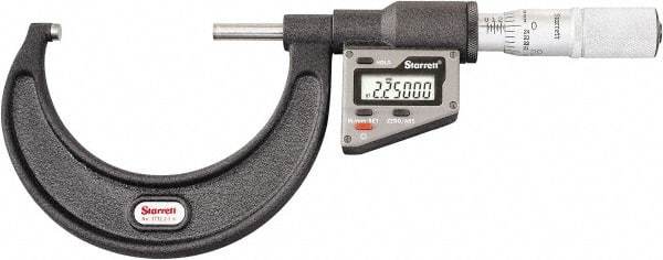Starrett - 50.8 to 76 mm Range, 0.0001" Resolution, Standard Throat, Electronic Outside Micrometer - 0.0001" Accuracy, Friction Thimble, Micro Lapped Carbide Face, CR2450 Battery, Includes 3V Battery - Exact Industrial Supply