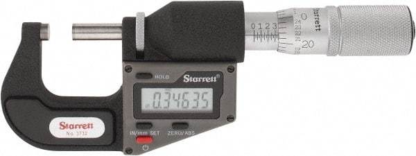 Starrett - 0 to 25 mm Range, 0.0001" Resolution, Standard Throat, Electronic Outside Micrometer - 0.0001" Accuracy, Friction Thimble, Micro Lapped Carbide Face, CR2450 Battery, Includes 3V Battery - Exact Industrial Supply