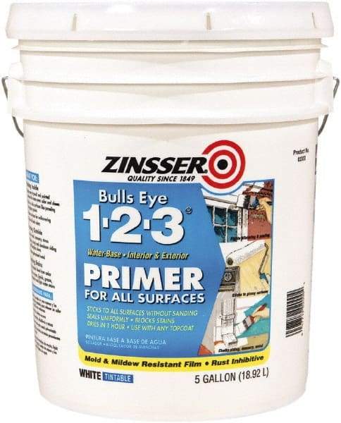 Rust-Oleum - 5 Gal White Water-Based Acrylic Enamel Primer - 450 Sq Ft Coverage, 86 gL Content, Quick Drying, Interior/Exterior - Exact Industrial Supply