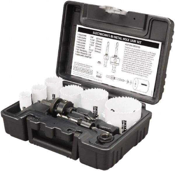 Disston - 9 Piece, 7/8" to 2-1/2" Saw Diam, Electrician's Hole Saw Kit - Bi-Metal, Toothed Edge, Pilot Drill Model No. E0102457, Includes 6 Hole Saws - Exact Industrial Supply