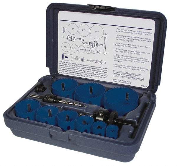 Disston - 7 Piece, 7/8" to 1-1/2" Saw Diam, General Purpose Hole Saw Kit - Bi-Metal, Toothed Edge, Pilot Drill Model No. E0102457, Includes 5 Hole Saws - Exact Industrial Supply