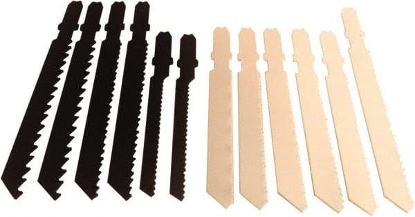 Disston - 12 Piece, 2-3/4" to 3-1/2" Long, 6 to 24 Teeth per Inch, Carbon and Bi-Metal Jig Saw Blade Set - Toothed Edge, U-Shank - Exact Industrial Supply