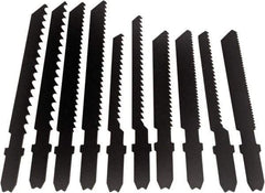 Disston - 10 Piece, 2-3/4" to 3-1/2" Long, 6 to 14 Teeth per Inch, High Speed Steel and Carbon Jig Saw Blade Set - Toothed Edge, U-Shank - Exact Industrial Supply