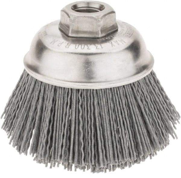 Weiler - 3-1/2" Diam, 5/8-11 Threaded Arbor Crimped Wire Nylon Cup Brush - Medium Grade, 0.035" Filament Diam, 12,000 Max RPM - Exact Industrial Supply