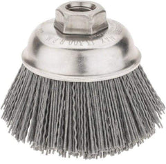 Weiler - 3-1/2" Diam, 5/8-11 Threaded Arbor Crimped Wire Nylon Cup Brush - Medium Grade, 0.035" Filament Diam, 12,000 Max RPM - Exact Industrial Supply