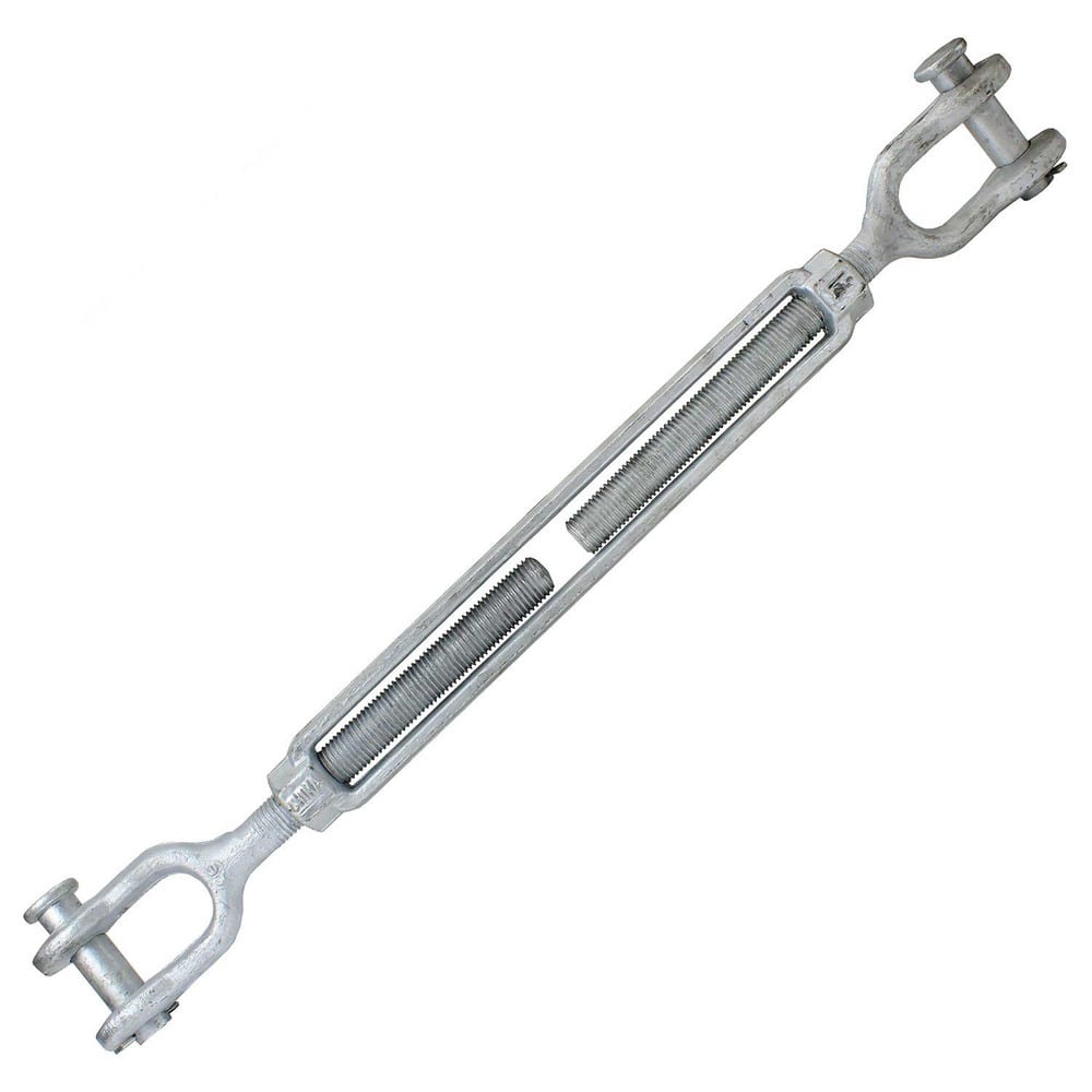 Turnbuckles; Turnbuckle Type: Jaw & Jaw; Working Load Limit: 15200 lb; Thread Size: 1-1/4-18 in; Turn-up: 18 in; Closed Length: 35.54 in; Material: Steel; Finish: Galvanized
