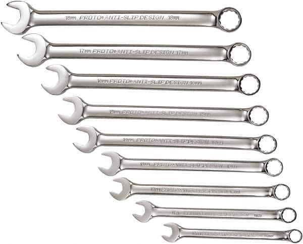 Proto - 9 Piece, 10mm to 18mm, 12 Point Combination Wrench Set - Metric Measurement Standard, Full Polish Chrome Finish, Comes in Tool Roll - Exact Industrial Supply