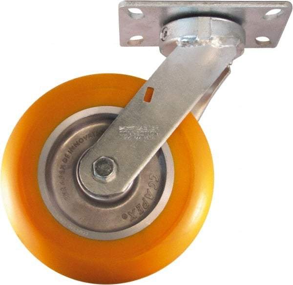 Caster Connection - 8" Diam x 2" Wide x 10-1/8" OAH Top Plate Mount Swivel Caster - Polyurethane on Aluminum, 1,200 Lb Capacity, Sealed Precision Ball Bearing, 4-1/2 x 6-1/4" Plate - Exact Industrial Supply