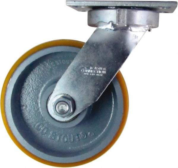 Caster Connection - 8" Diam x 3" Wide x 10-1/8" OAH Top Plate Mount Swivel Caster - Polyurethane on Iron, 2,300 Lb Capacity, Sealed Precision Ball Bearing, 4-1/2 x 6-1/4" Plate - Exact Industrial Supply