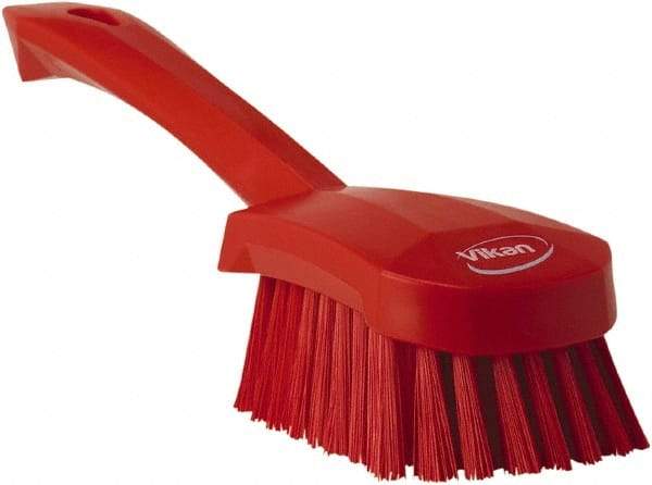 Vikan - 1.3" Bristle Length, Polyester Scrub Brush - 4-1/4" Long x 2-3/4" Wide Head, 10" OAL, Red, Polypropylene Block - Exact Industrial Supply