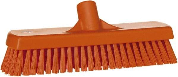 Vikan - 1.7" Bristle Length, Polyester Scrub Brush - 11-1/4" Long x 3" Wide Head, 12" OAL, European Threaded Handle, Orange, Polypropylene Block - Exact Industrial Supply