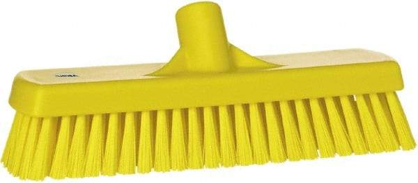 Vikan - 1.7" Bristle Length, Polyester Scrub Brush - 11-1/4" Long x 3" Wide Head, 12" OAL, European Threaded Handle, Yellow, Polypropylene Block - Exact Industrial Supply