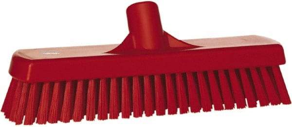 Vikan - 1.7" Bristle Length, Polyester Scrub Brush - 11-1/4" Long x 3" Wide Head, 12" OAL, European Threaded Handle, Red, Polypropylene Block - Exact Industrial Supply