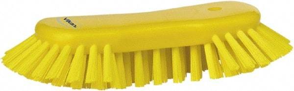 Vikan - 1.3" Bristle Length, Polyester Utility Scrub Brush - 7-3/4" Long x 3" Wide Head, 8" OAL, European Threaded Handle, Yellow, Polypropylene Block - Exact Industrial Supply
