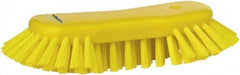 Vikan - 1.3" Bristle Length, Polyester Utility Scrub Brush - 7-3/4" Long x 3" Wide Head, 8" OAL, European Threaded Handle, Yellow, Polypropylene Block - Exact Industrial Supply