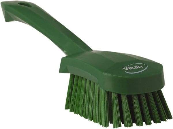Vikan - 1.3" Bristle Length, Polyester Scrub Brush - 4-1/4" Long x 2-3/4" Wide Head, 10" OAL, Green, Polypropylene Block - Exact Industrial Supply